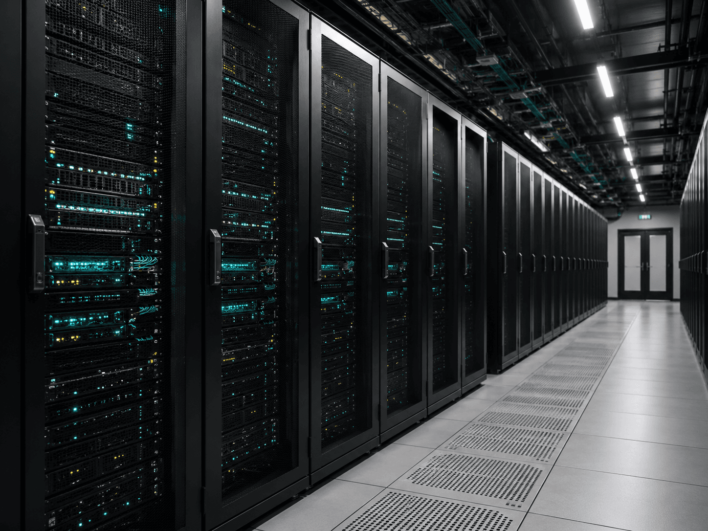 Row of server racks in a data hall serving models on private infrastructure