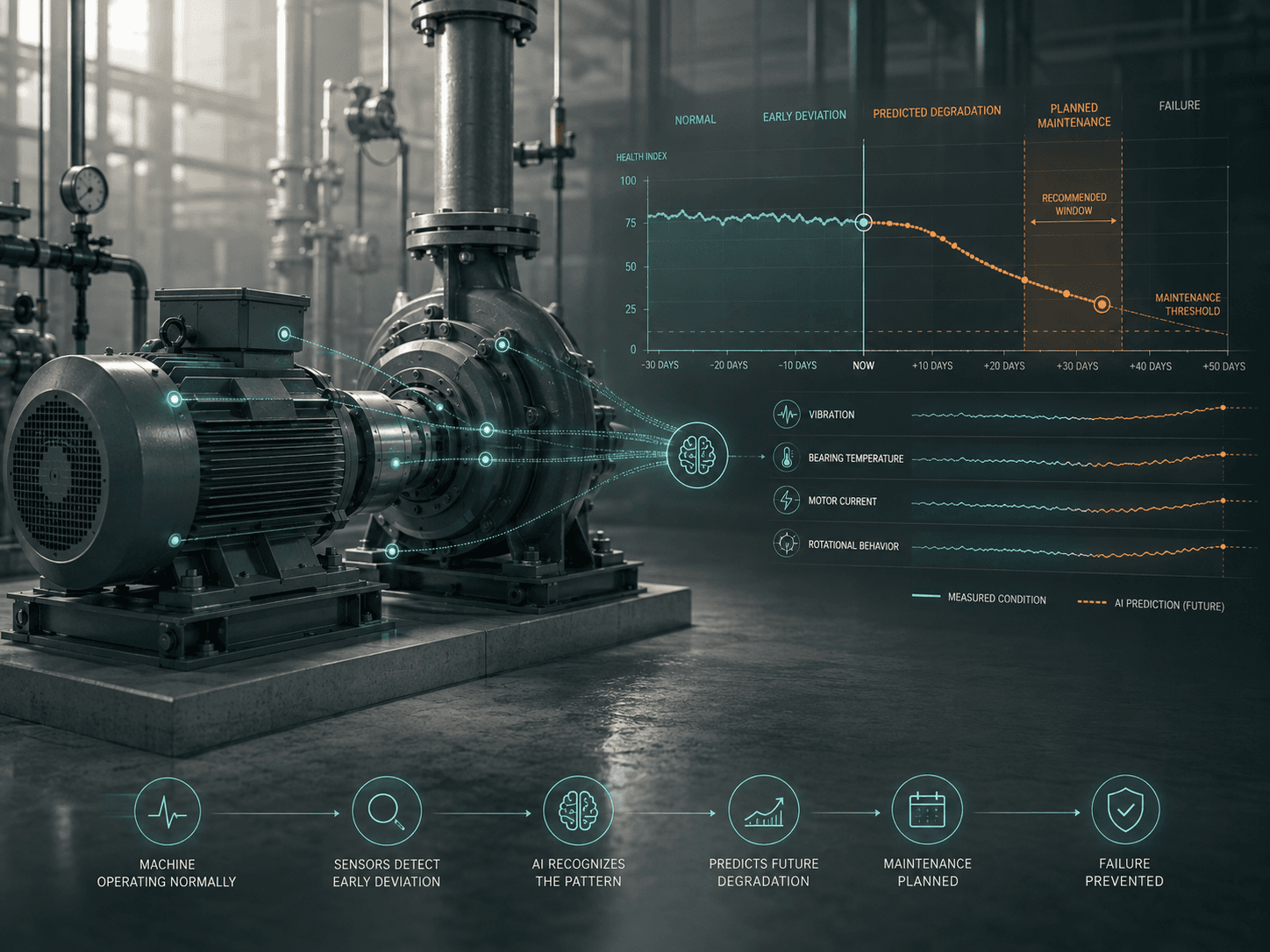Pump and motor with sensor traces and a predicted degradation curve