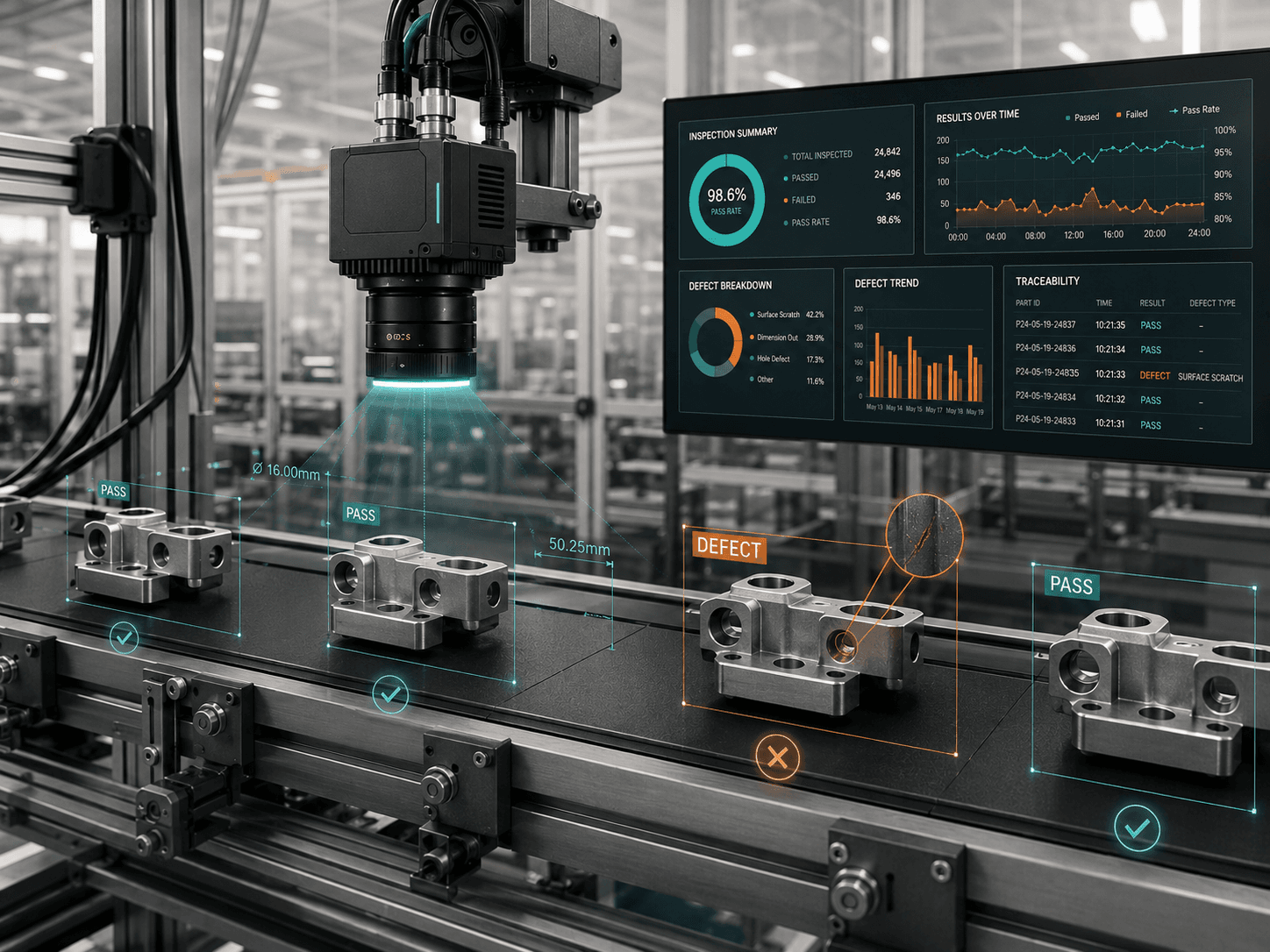 Vision inspection cell with live pass and defect overlays on a conveyor